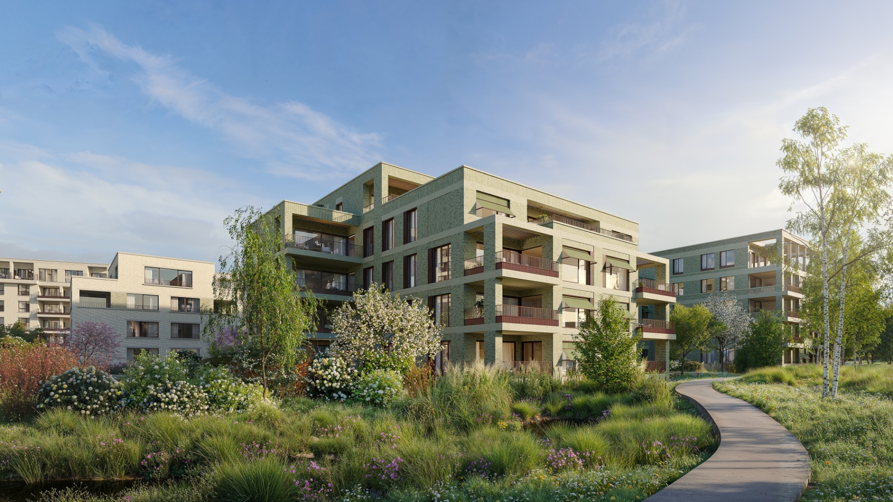 Detail van de gevelarchitectuur van The Wettlands
