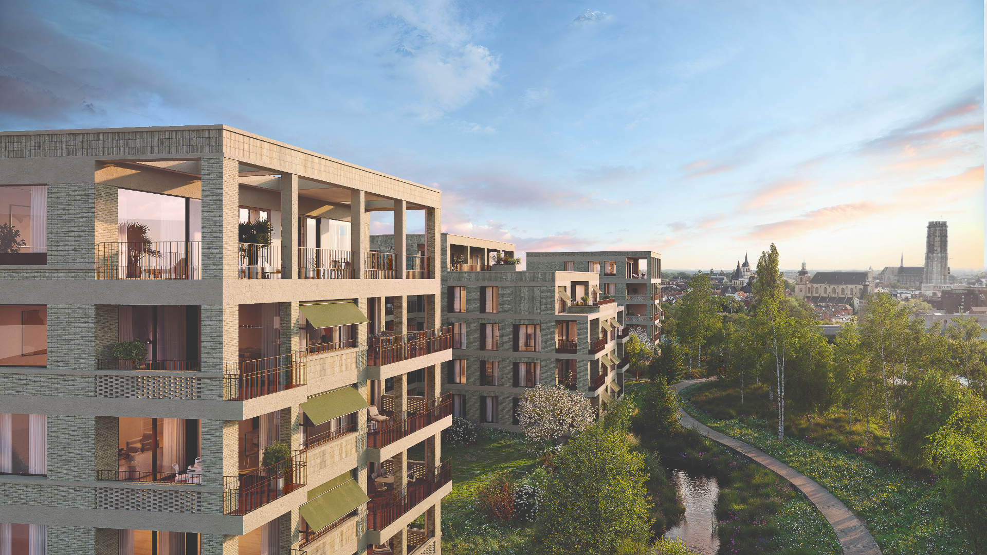 Panoramisch zicht op de groene binnentuin en appartementsgebouwen van The Wettlands