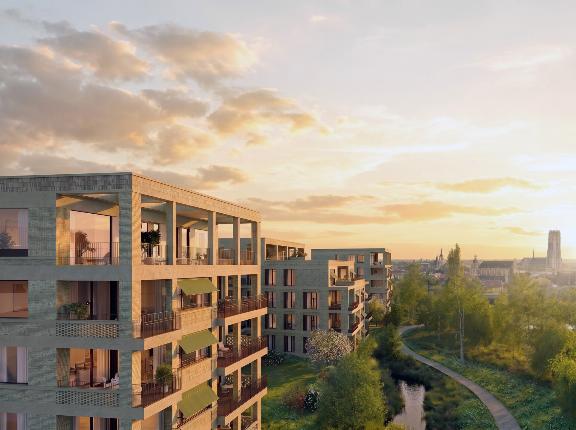 The Wettlands — luxury apartments aan het water met zicht op Mechelen bij zonsondergang