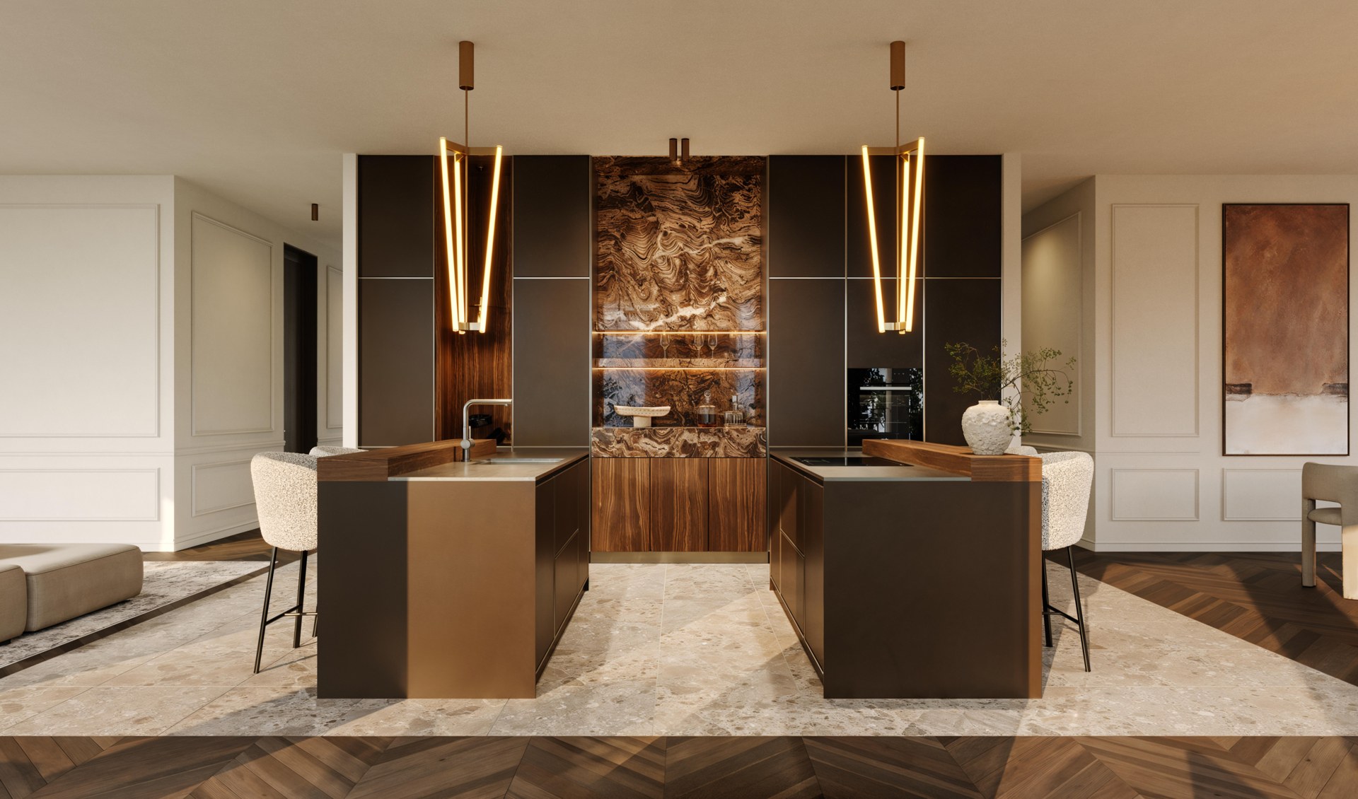 Donkere designkeuken met marmeraccent en messing armaturen